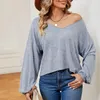 Blouses Femmes Automne Manches Longues Coton T-shirts Femmes Mode Casual Col V Élastique Lanterne Manches Maillot Coréen Streetwear Pull