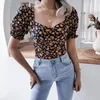 Kadınlar bluzlar Vintage Boho Kadın Gömlek Yaz Fener Sleeve Square Boyun Seksi Şifon Üstleri Çiçek Bluz Retro Açık Sırt Pileli