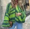 Malhas femininas camisetas listra verde crochê malha cardigan camisola lanterna manga oversize casaco 2023 outono moda senhora streetwear 230919