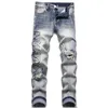 Lettre Patch hommes en détresse jean printemps déchiré trou Denim pantalon été pantalon décontracté coupe ajustée Stretch quotidien Streetwear P349x