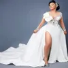 2021 Plus Size Arabische Aso Ebi Zeemeermin Kant Kristallen Bruidsjurken Pure Hals Hoge Split Afneembare Trein Bruidsjurken ZJ575291o