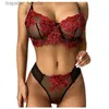 Ensembles de soutiens-gorge ensembles de soutiens-gorge femmes Transparent Sexy ensemble de Lingerie dentelle florale Bralette broderie Push Up voir à travers la culotte tentation sous-vêtements érotiquesBras L230919