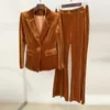 Dames tweedelige broek fluwelen blazer dames set paars bruin groen herfst winter een knop jas flare kantoor vrouwelijk pak