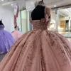 Pink Shiny Ball Gown Quinceanera Dress Tulle Beads Appliques Lace Flowers Off Shoulder Sweet 15 16 Birthday Party Formal