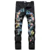 2021 Fashion New Men's Male Letters Flame Printed Jeans Slim Straight Skull Graffiti Colored Painted Stretch Pants X0621272o