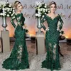 2023 Robes mère de la mariée vert foncé pure bijou cou dentelle appliques manches longues sirène formelle soirée robes de bal295K