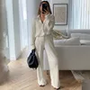 Calças femininas de duas peças 2023 causal solto casa terno outono manga longa blusa camisa top alta wasit conjunto mulheres elegante plissado bege 2 conjuntos