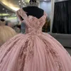 Pink Shiny Ball Gown Quinceanera Dress Tulle Beads Appliques Lace Flowers Off Shoulder Sweet 15 16 Birthday Party Formal