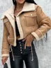 Kvinnorjackor Kvinnor Faux Leather Biker Jacket med faux päls trimmad krage vintage Moto Coat Warm Winter Ytterkläder 230919