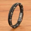 Hebra de estilo Retro europeo y americano, piedra de destello negra, roca volcánica combinada con pulsera de cuerda de cuero genuino para hombre