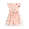 Robes de fille en bas âge filles manches imprimés floraux Tulle robe côtelée vêtements Jean bébé belle