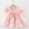 Robes de fille vêtements pour enfants doux fleurs d'été manches bouffantes bébé filles mode arc enfant en bas âge mince enfants Costume 0 à 3 ans