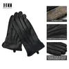 5本の指の手袋冬のメンズレザーグローブ暖かい柔らかい黒い縫製デザインミテンズキンバックスキングローブを模倣するウールの裏地230818