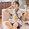 Women's Sleepwear New Summer Fashion Soft Cotton Women's Pajamas Kawaii Animal Printing Sleepwear Shorts Kimono Loose Nightwear for Young Girls L230919