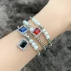 Charm Bracelets FLOLA White Pearl Beaded Chain Geometric For Women Silver Color Beads Square Crystal CZ Jewelry Gifts Brtk38