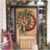 Decorative Flowers Wreaths Xmas Wreath Charming Wood Farmhouse Wagon Wheel Wooden Christmas For Winter Artificial Garlands Drop Delive Dhijd
