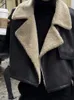 Kvinnors jackor lapel faux fleece pu läderjacka kvinna stativ krage långärmhet förtjockas lady street coat mode svart spetsar upp korta jackor 230919