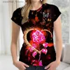 Dames Blouses Shirts Dames T-shirt 2022 Rose 3d Print Dames Shirt Harajuku Mode Oneck Shirts Dames T-shirts Zomer Dames T-shirts Top Roze Goud Korte Mouw L230