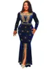 Podstawowe sukienki swobodne sukienki Maxi Luksusowe diamenty koralikowe okrągły szyję Długie rękaw Złote Velvet African Fashion Women 230919