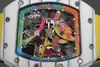 남성용 투르 빌론 시계 RM68-01 완전 자동 기계 운동 카본 섬유 케이스 사파이어 크리스탈 유리 거울 고무 스트랩이있는 화려한 낙서