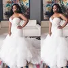 2021 Vintage Sexy African Mermaid Wedding Dresses Sweetheart Illusion Lace Appliques Crystal Beaded Ruffles Tiered Organza Formal 202O