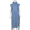 Casual Dresses Women's Denim Metal Buckle Long Dress For Women Summer Sexy Turtleneck Sleeveless High Slit Night Club Party Robe Y2K