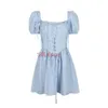 Robes décontractées de base Suninheart été bleu manches bouffantes robe corset mini élégant une ligne à lacets fête de vacances col carré femmes 2023 230919