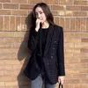 Kvinnors kostymer blazers Autumn Women Fashion Tweed Double Breasted Black Blazer Coat Vintage Long Sleeve Flap Pockets Female Outerwear Chic Suit Femme 230918