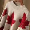 Women's Sweaters Maple Leaf Pattern Panel ONeck Knitted Pullover Loose Casual Sweater Top 230918