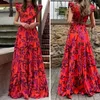 Casual Dresses Women Dress O-neck Flying Sleeve Maxi Leaves Printing High Waist Backless Long Lace-up Ruffle Flowy Hem Loose