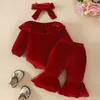 Clothing Sets Christmas Born Baby Girls 0-24M Red Velvet Off Shoulder Ruffles Long Sleeve Bodysuits Flare Pants Xmas Outfits