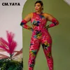 Damen Jumpsuits Strampler CM.YAYA Frauen Floral Bodycon Skinny Stretch Oversleeve Jumpsuit High Street INS Female Party Anzug Playsuit mit Handschuhen 230918