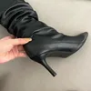 Botas mulheres negras sobre o joelho calçado moda apontou toe deslizamento em sapatos plissados saltos finos senhoras ocidental longo 230922