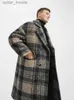 Abrigo de lana de longitud media de mezcla de lana para hombre, abrigo de lana a cuadros de longitud media, holgado, de invierno, con doble botonadura, L230919