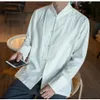 Estilo chinês tang trajes camisa homem gola mandarim ajuste fino casual tai chi camisas de linho manga longa masculino 189l