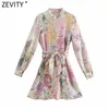 Zevity Women Elegant Pink Flower Print Breasted Shirtdress Female Long Sleeve Bow Sashes Vestido Chic A Line Mini Dresses DS8173 2224g