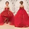 Belle robe de bal rouge robes de fille de fleur pour les mariages pure bijou cou dentelle filles formelles enfants portent des robes de première communion Pageant P312H