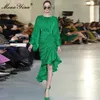 Stedelijke sexy jurken MoaaYina modeontwerper zomer dames O-hals lantaarn lange mouwen bilwikkeling hoge kwaliteit jurk 230918