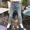 Mens Jeans Elegante Luxo Streetwear Slim Fit com Lavagem Angustiada e Stretch Blue Cowboy Designer 230915