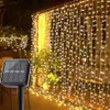 LED-Lichterketten Party BEIAIDI 3x3M 2x3M solarbetriebene Fenstervorhang-Lichterkette im Freien Garten Weihnachten Sternenstern Solar-Fee-Girlande Eiszapfenlicht HKD230919