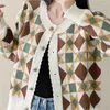 Korejepo – pull coloré à motif rétro pour femme, tricot à col rond, ample, bouton paresseux, manteau Cardigan décontracté, automne 2023