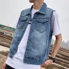 Men's Vests Men Lapel Sleeveless Denim Jacket Ripped Holes Pockets Single Breasted Washed Loose Fit Casual Waistcoat 230919