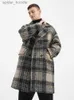 Men's Wool Blends Mid-Length Woolen Overcoat Men's Winter Loose Double-Breasted Mid-Length Checked Woolen Coat L230919