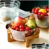 Bowls 1 Set Glass Salad Bowl Heat Resistant With Wooden Base Serving Drop Delivery Ot09Q