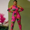 Damen Jumpsuits Strampler CM.YAYA Frauen Floral Bodycon Skinny Stretch Oversleeve Jumpsuit High Street INS Female Party Anzug Playsuit mit Handschuhen 230918