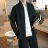 Estilo chinês tang trajes camisa homem gola mandarim ajuste fino casual tai chi camisas de linho manga longa masculino 189l