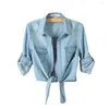 Women's Blouses Women Lightweight Jacket Loose Chic Half-sleeve Cardigans Turn-down Collar Lace-up Design Shirt