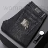 Men's Jeans Designer European Autumn and Winter New Slim Fit Small Foot Elastic Embroidery Mid High Waist Fashion Thick Pants 3OAJ