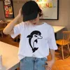 レディースブラウスシャツ女性用Tシャツ女性用Tシャツかわいい漫画クジラプリントレディース夏の短剣のグラフィックラウンドネックTシャツ服l230919