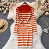 Casual Dresses Striped Sweater Dress Women Winter Clothing 2023 Crew Neck Long Sleeve Button Embellishment Mini Knitted Bodycon